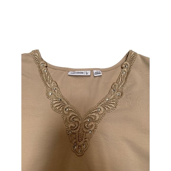 Susan Graver Beige Short Sleeve Top With Embellished V-Neck & Gem Details - Picture 3 of 5